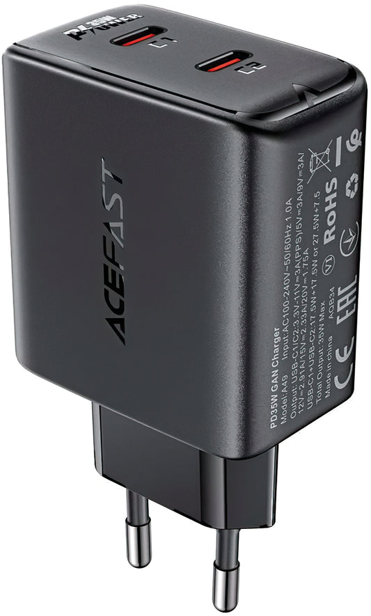 Мрежово зарядно устройство Acefast A49, 35W, 3A, 2 x USB-C, черно