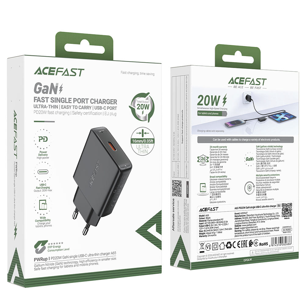 Зарядно устройство за мрежа Acefast A65, 20W, 3A, 1 x USB-C, Черно