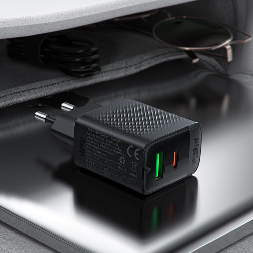 Зарядно устройство за мрежа Acefast A78, 20W, 3A, 1 x USB-A - 1 x USB-C, Черно