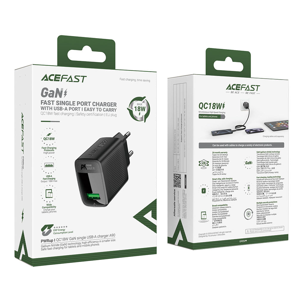 Зарядно устройство за мрежа Acefast A90, 18W, 3A, 1 x USB-A, Черно