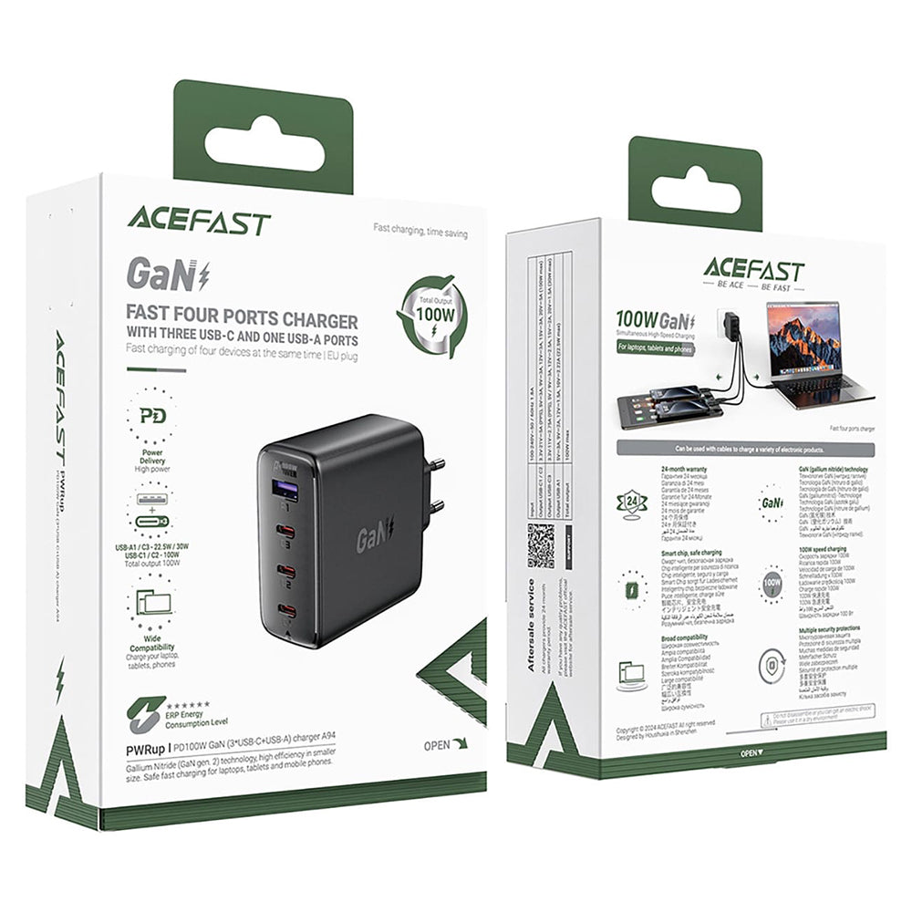 Зарядно устройство за мрежа Acefast A94, 100W, 5A, 1 x USB-A - 3 x USB-C, Черно