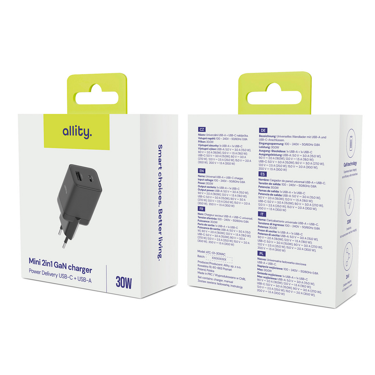 Зарядно устройство за мрежа Allity. ATC-01-30WAC Mini, 30W, 3A, 1 x USB-A - 1 x USB-C, Черно