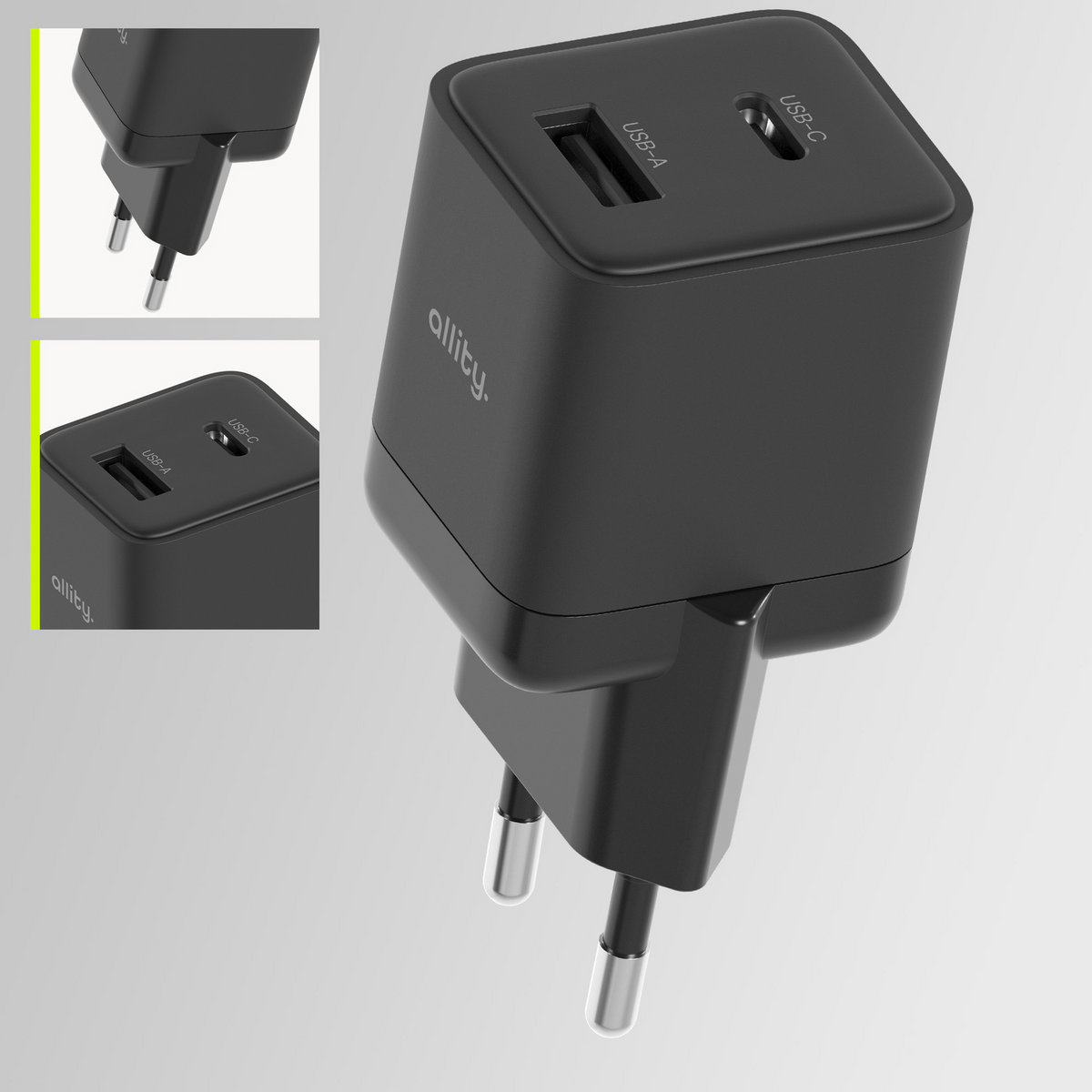 Зарядно устройство за мрежа Allity. ATC-01-30WAC Mini, 30W, 3A, 1 x USB-A - 1 x USB-C, Черно