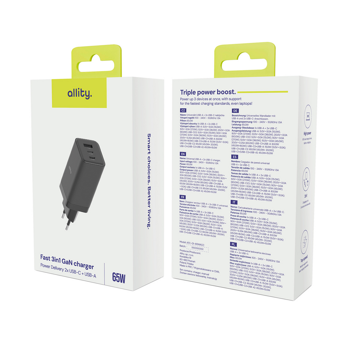 Allity Network Charger. ATC-01-65WACC Fast, 65W, 3.25A, 1 x USB-A - 2 x USB-C, Black