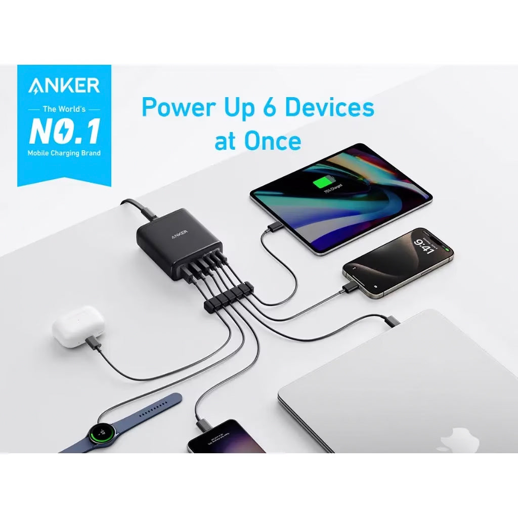 Зарядно устройство Anker Station, 112 W, 3A, 3 x USB-A - 3 x USB-C, черно A2154G11