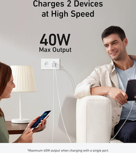 Мрежово зарядно устройство Anker 521 Nano Pro, 40W, 3A, 2 x USB-C, бяло A2038G21