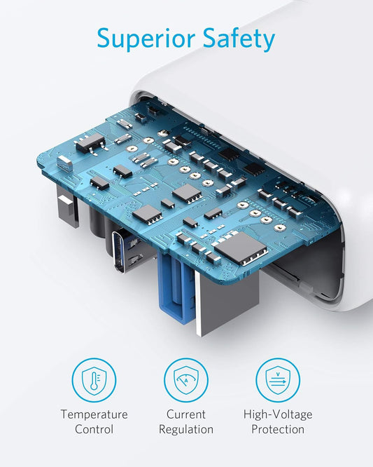 Мрежово зарядно устройство Anker PowerPort PD+ 2, 35 W, 3A, 1 x USB-A - 1 x USB-C, бяло A263636G21