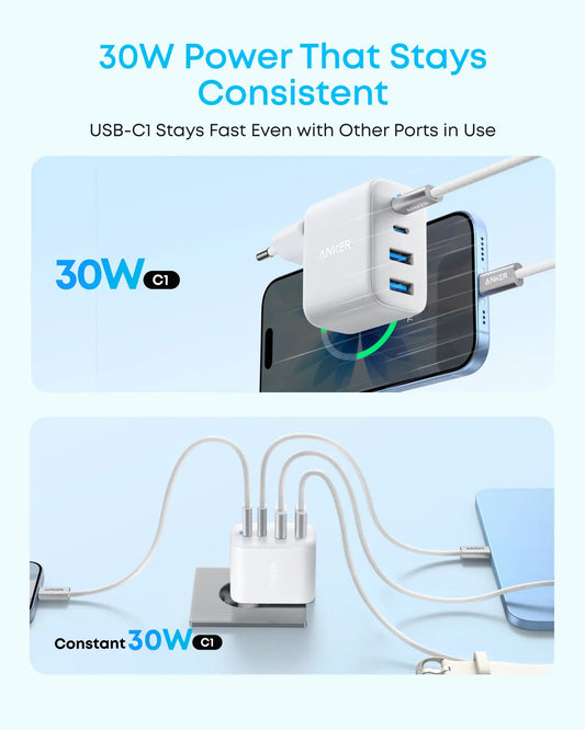 Зарядно устройство Anker Zolo, 50W, 3A, 2 x USB-A - 2 x USB-C, бяло