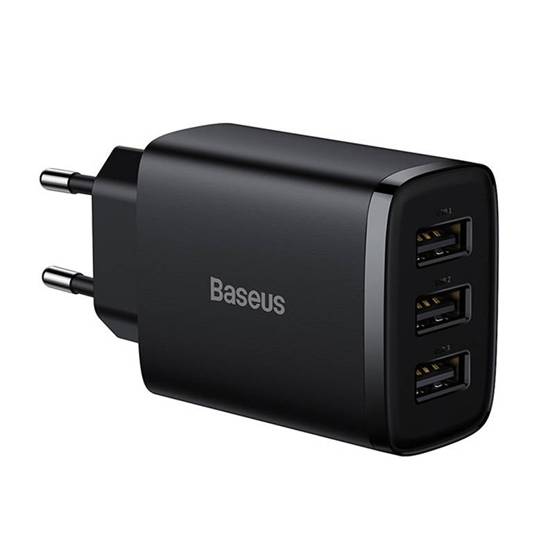 Мрежово зарядно устройство Baseus Compact 3U, 17W, 2.1A, 3 x USB-A, черно CCXJ020101
