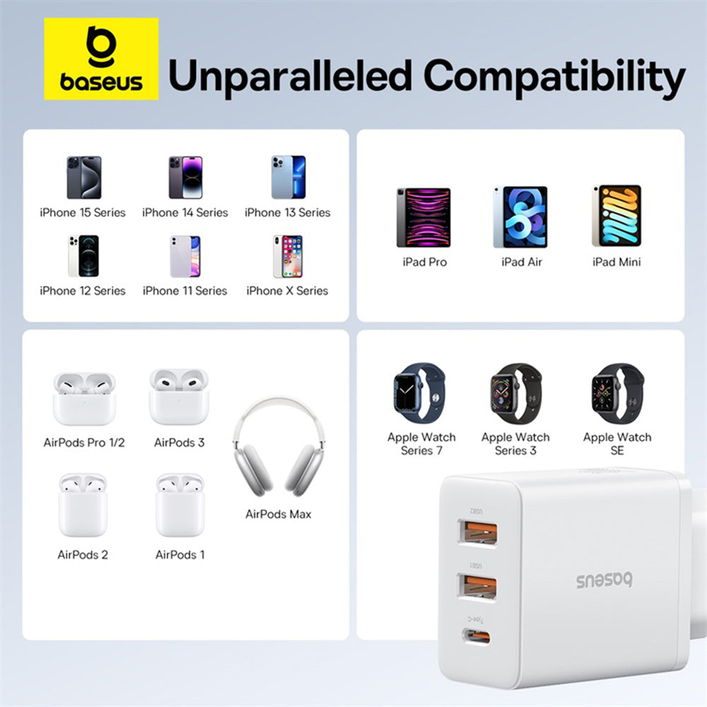 Зарядно устройство за мрежа Baseus Cube, 30W, 3A, 2 x USB-A - 1 x USB-C, Бяло P10111402213-00