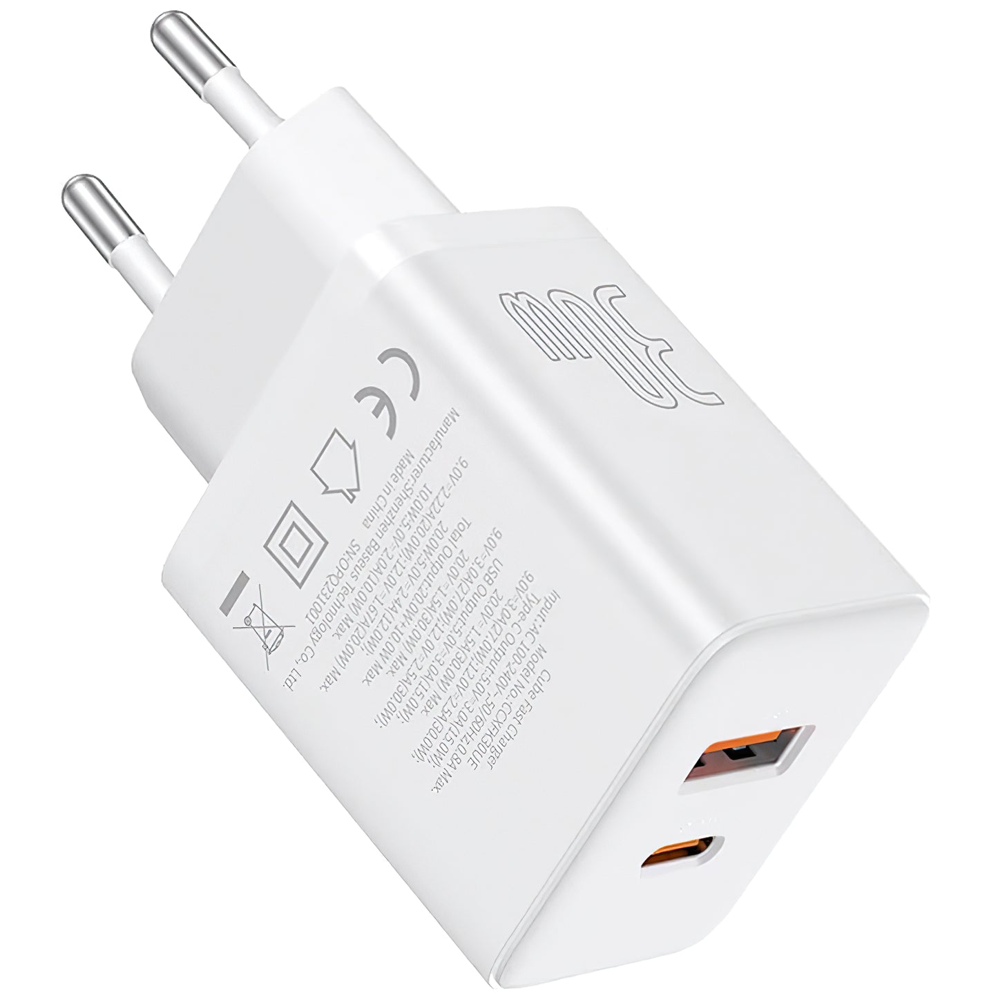 Мрежово зарядно Baseus Cube, 30W, 2.4A, 1 x USB-A - 1 x USB-C, бяло P10111404213-00