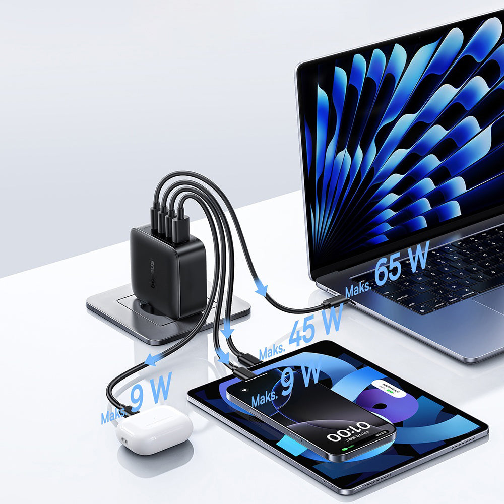 Зарядно устройство за мрежа Baseus EnerFill FH11, 140W, 5A, 1 x USB-A - 3 x USB-C, Черно E0121J00