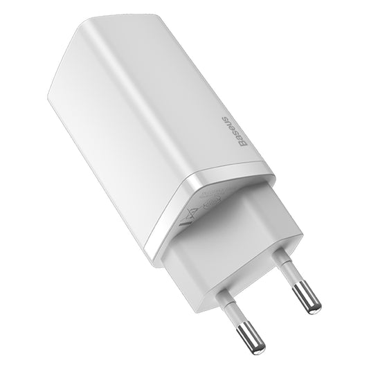 Мрежово зарядно устройство Baseus GaN2 Lite, 65W, 3A, 1 x USB-A - 1 x USB-C, бяло CCGAN2L-B02