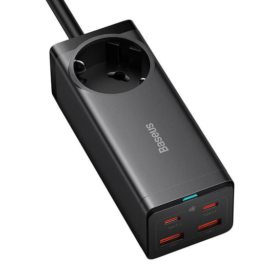 Мрежово зарядно устройство Baseus GaN3 Pro PowerStrip, 100W, 5A,2 x USB-A - 2 x USB-C - 1 x Schuko, черно PSZM000401 PSZM000401