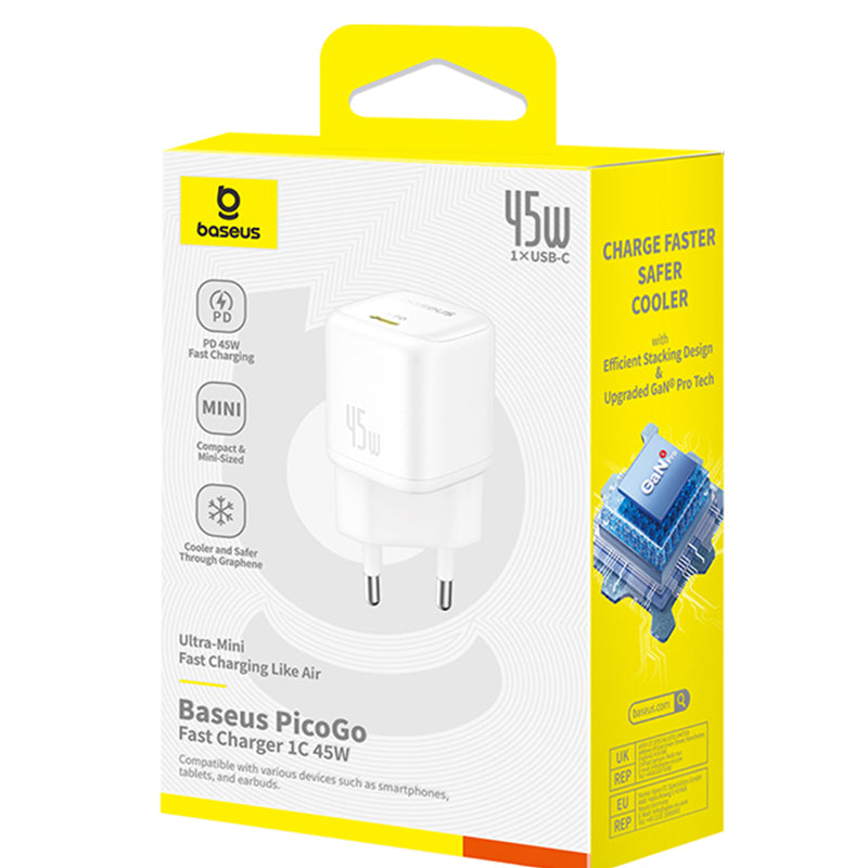 Зарядно устройство за мрежа Baseus PicoGo, 45W, 3A, 1 x USB-C, Бяло P10176800213-00
