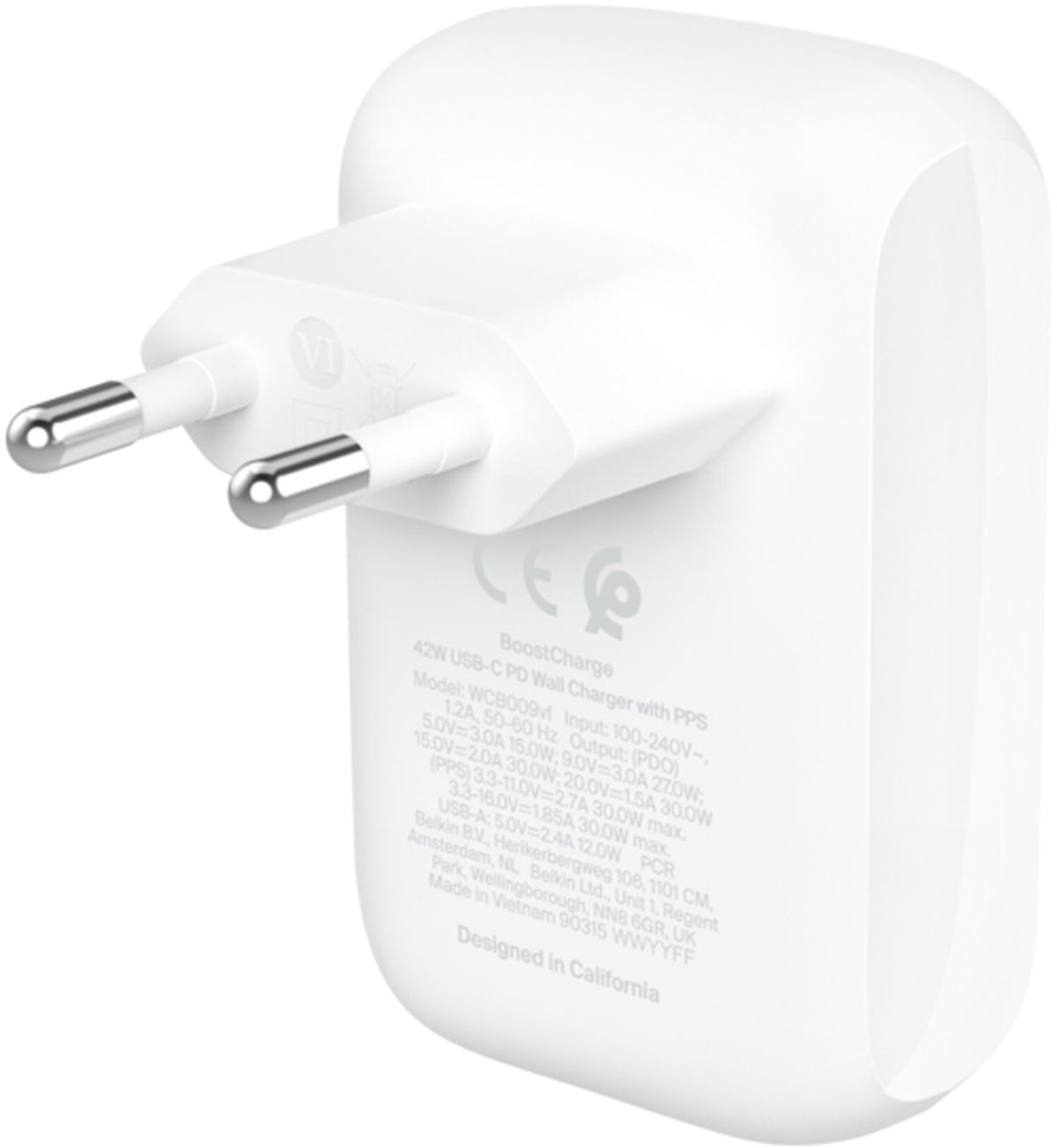 Зарядно устройство за мрежа Belkin BoostCharge Dual, 42W, 3A, 1 x USB-A - 1 x USB-C, бяло WCB009vfWH