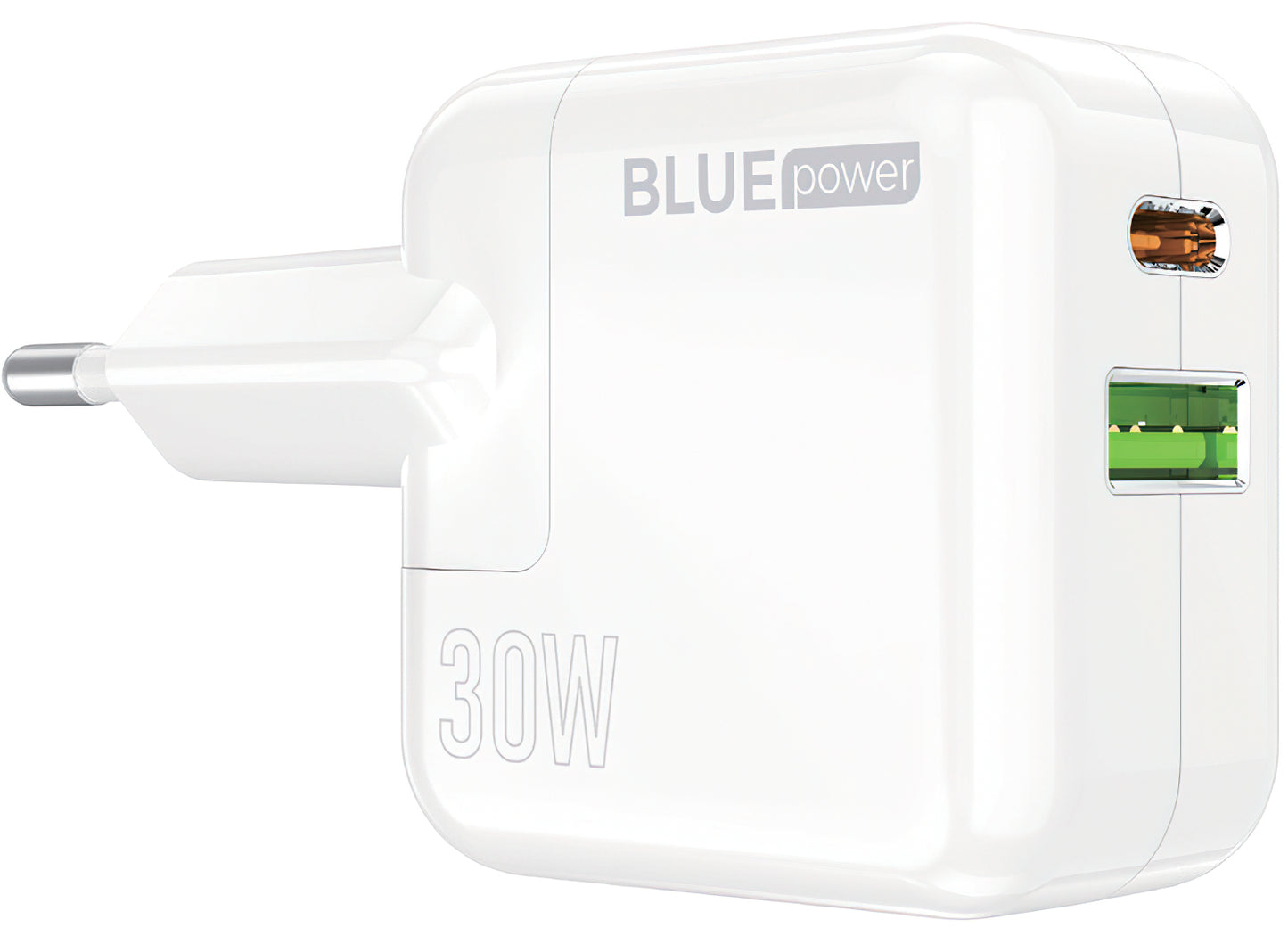Мрежово зарядно устройство BLUE Power BC111A, 30W, 3A, 1 x USB-A - 1 x USB-C, бяло