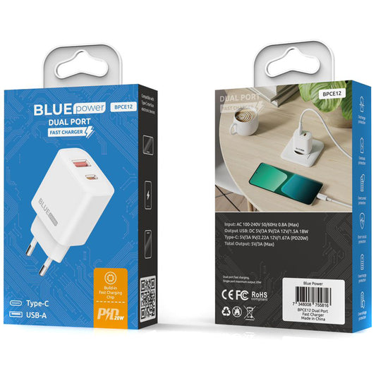Мрежово зарядно устройство Blue Power BPCE12, 20W, 3A, 1 x USB-A - 1 x USB-C, бяло