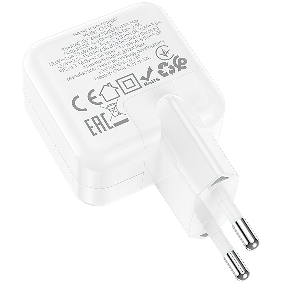 Мрежово зарядно устройство BLUE Power BC111A, 30W, 3A, 1 x USB-A - 1 x USB-C, бяло