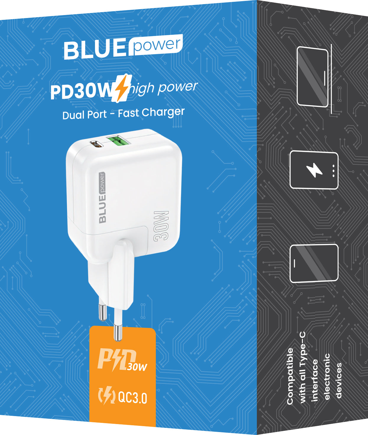 Мрежово зарядно устройство BLUE Power BC111A, 30W, 3A, 1 x USB-A - 1 x USB-C, бяло
