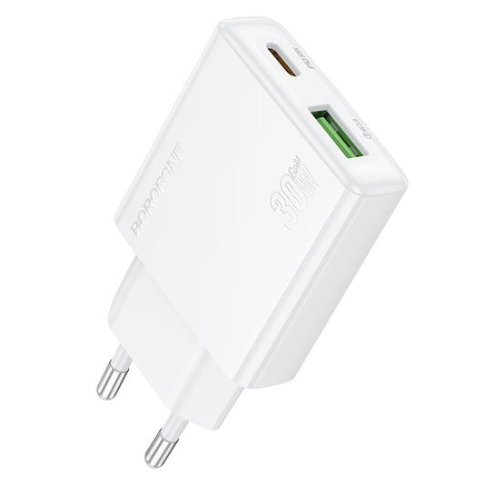 Мрежово зарядно устройство Borofone BN25 Wish, 30W, 3A, 1 x USB-A - 1 x USB-C, бяло