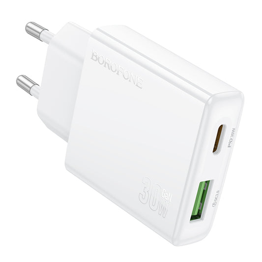 Мрежово зарядно устройство Borofone BN25 Wish, 30W, 3A, 1 x USB-A - 1 x USB-C, бяло
