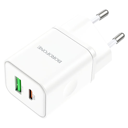 Мрежово зарядно устройство Borofone BN7, 20W, 3A, 1 x USB-A - 1 x USB-C, бяло