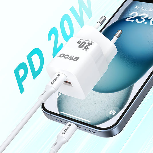 Мрежово зарядно устройство BWOO BO-CDA156, 20W, 3A, 1 x USB-A - 1 x USB-C, бяло