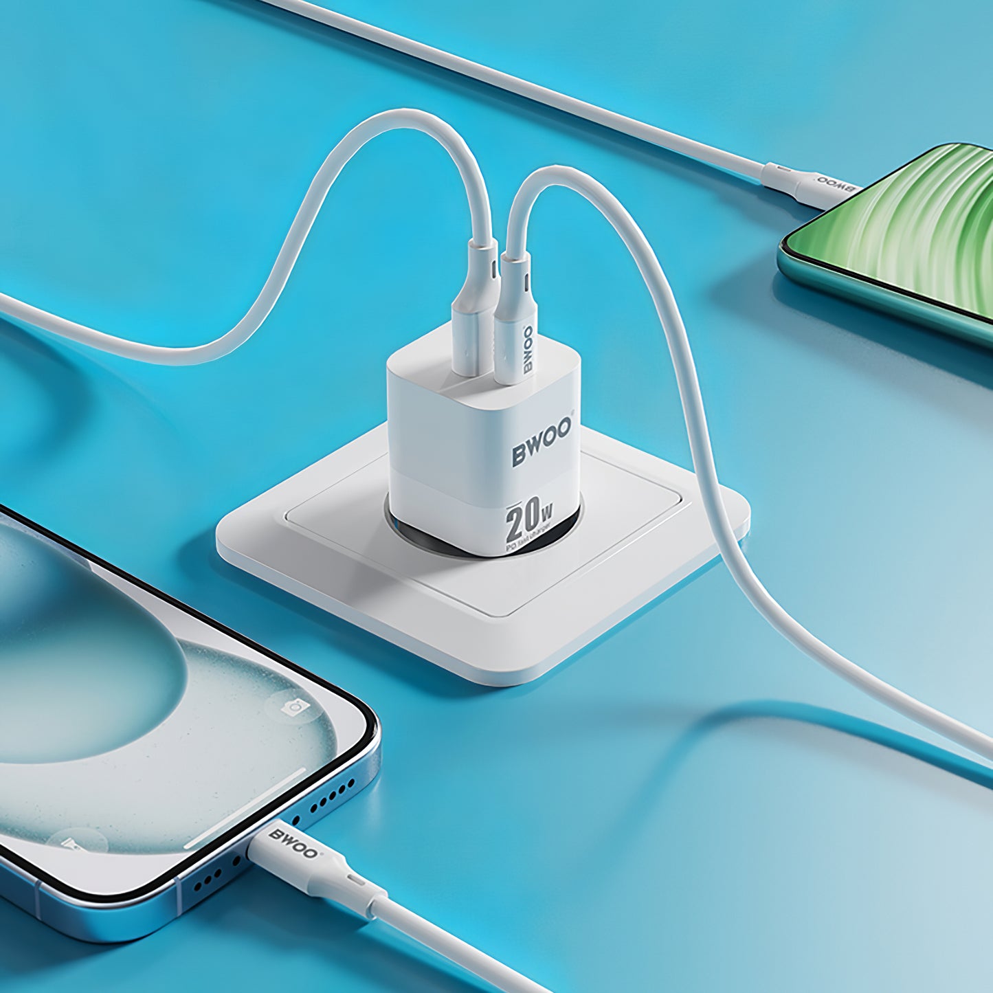 Мрежово зарядно устройство BWOO BO-CDA156, 20W, 3A, 1 x USB-A - 1 x USB-C, бяло