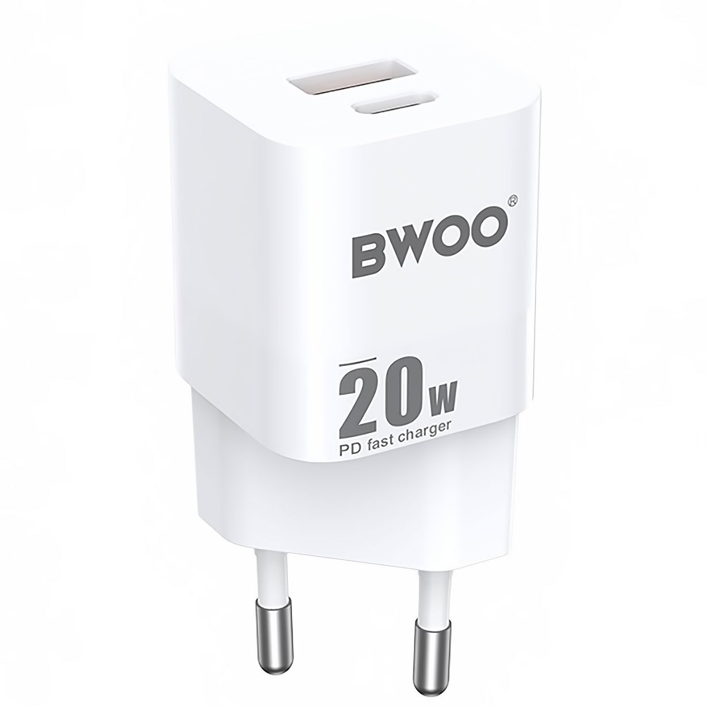 Мрежово зарядно устройство BWOO BO-CDA156, 20W, 3A, 1 x USB-A - 1 x USB-C, бяло