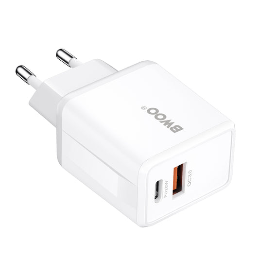 Зарядно за мрежа BWOO CDA182, 38W, 3A, 1 x USB-A - 1 x USB-C, Бяло