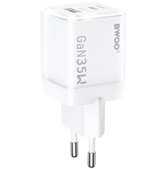 Зарядно за мрежа BWOO CDA222, 35W, 3A, 1 x USB-A - 1 x USB-C, Бяло