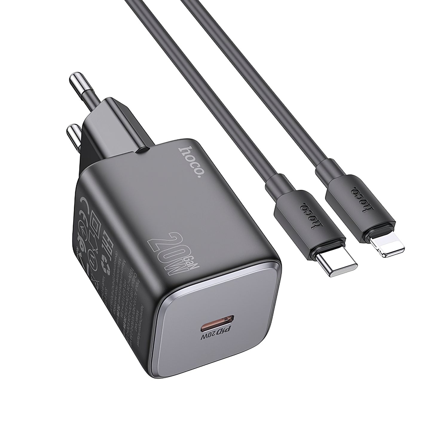Мрежово зарядно устройство с Lightning кабел HOCO N40, 20W, 3A, 1 x USB-C, черно