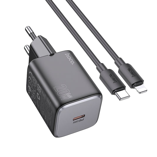 Мрежово зарядно устройство с Lightning кабел HOCO N40, 20W, 3A, 1 x USB-C, черно