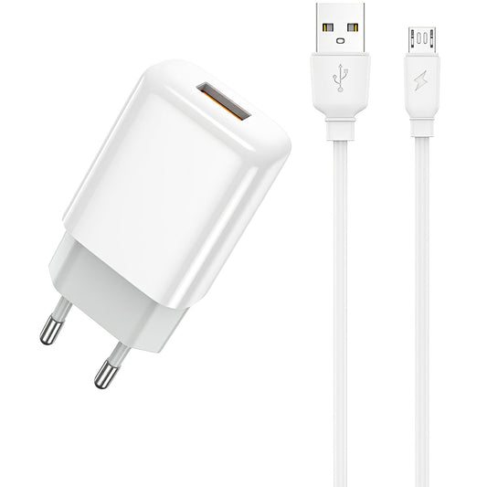 Мрежово зарядно устройство Prestico F7S с microUSB кабел, 12W, 2,4A, 1 x USB-A, бяло