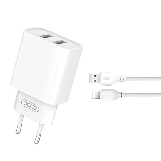 Мрежово зарядно устройство с Lightning кабел XO Design CE02C, 10,5 W, 2,1 A, 2 x USB-A, бяло