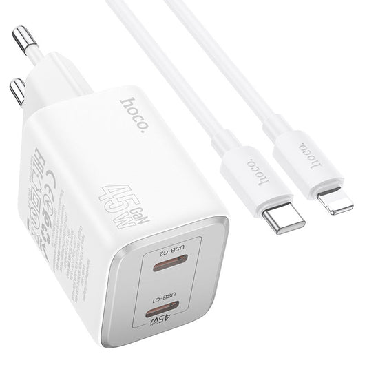 Мрежово зарядно устройство с Lightning кабел HOCO N42, 45W, 3A, 2 x USB-C, бяло