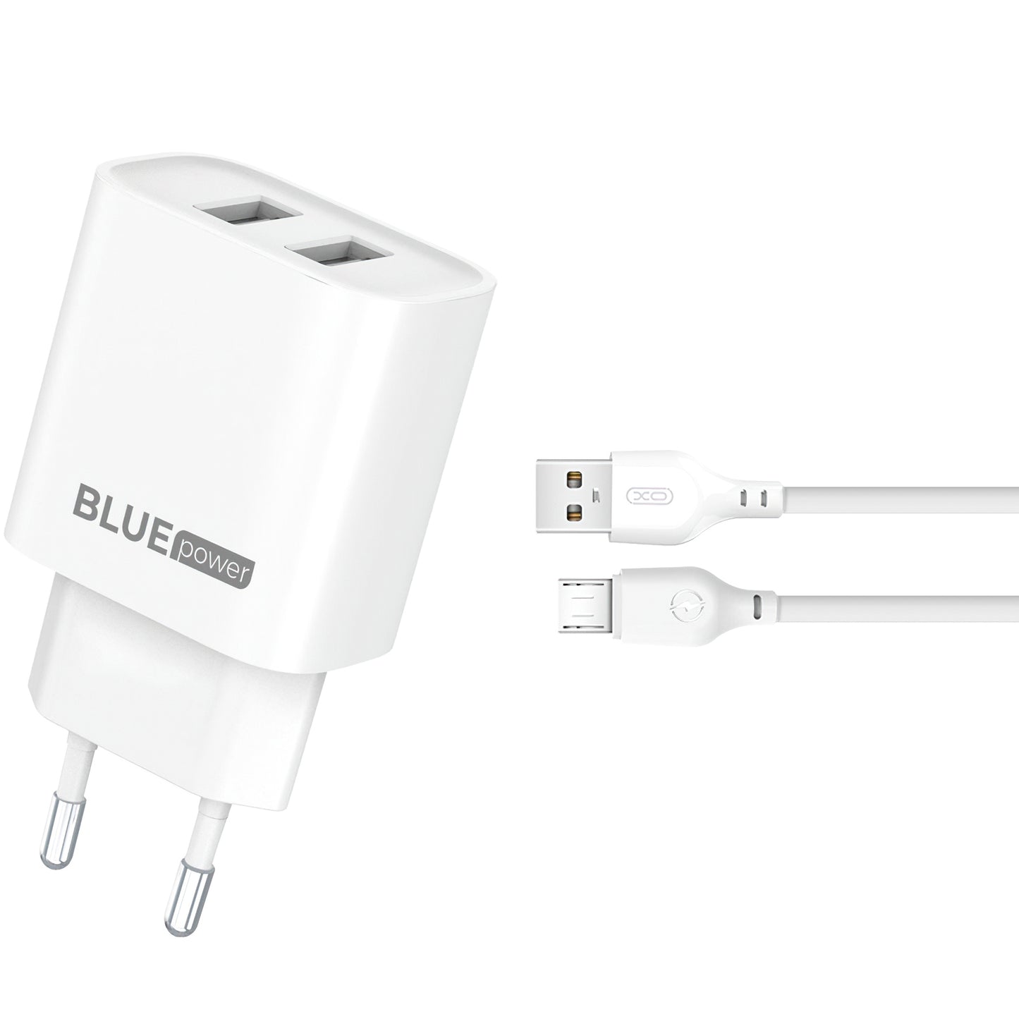 Blue Power BPCE02M Мрежово зарядно устройство с microUSB кабел BPCE02M, 10,5W, 2,1A, 2 x USB-A, бяло