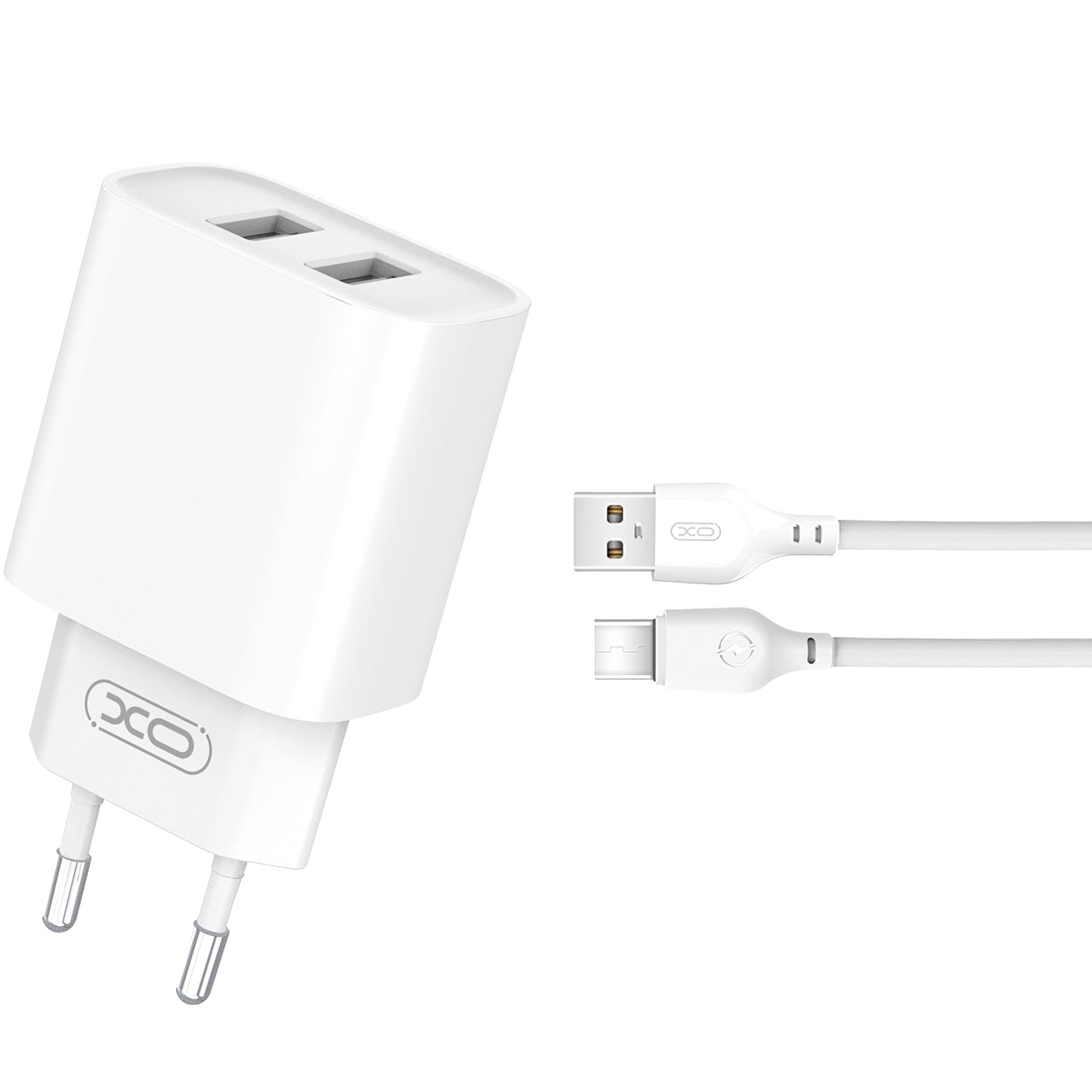 XO Design XO Design BPCE02C USB-C кабелно мрежово зарядно устройство, 10,5 W, 2,1 A, 2 x USB-A, бяло