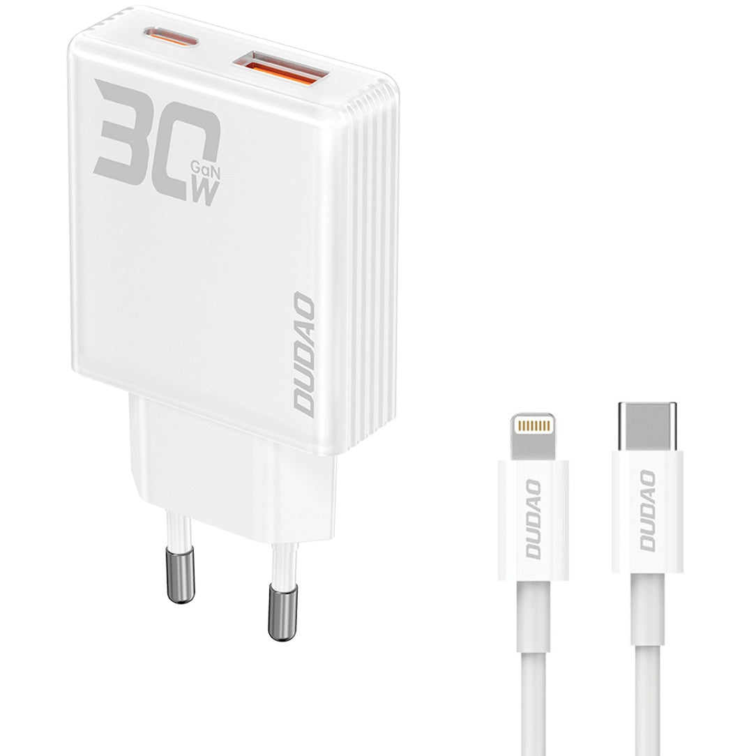 Мрежово зарядно устройство Dudao A30EUL с Lightning кабел, 30W, 3A, 1 x USB-A - 1 x USB-C, бяло