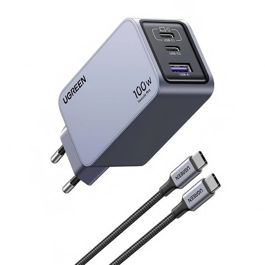 UGREEN X757 Nexode Pro USB-C кабелно мрежово зарядно устройство, 100 W, 3A, 1 x USB-A - 2 x USB-C, сиво