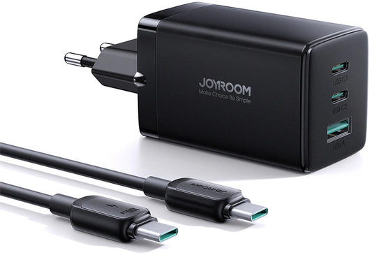 Зарядно устройство за мрежа с кабел USB-C Joyroom TCG01, 65W, 3.25A, 1 x USB-A - 2 x USB-C, Черно