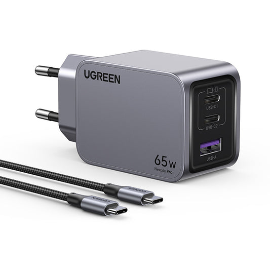 Мрежово зарядно устройство с USB-C кабел UGREEN X755 Nexode Pro, 65W, 3A, 1 x USB-A - 2 x USB-C, Сиво