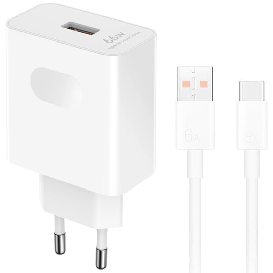 Зарядно за мрежа с USB-C кабел Honor HN-110600E00, 66W, 6A, 1 x USB-A, Бяло 5503AAHX
