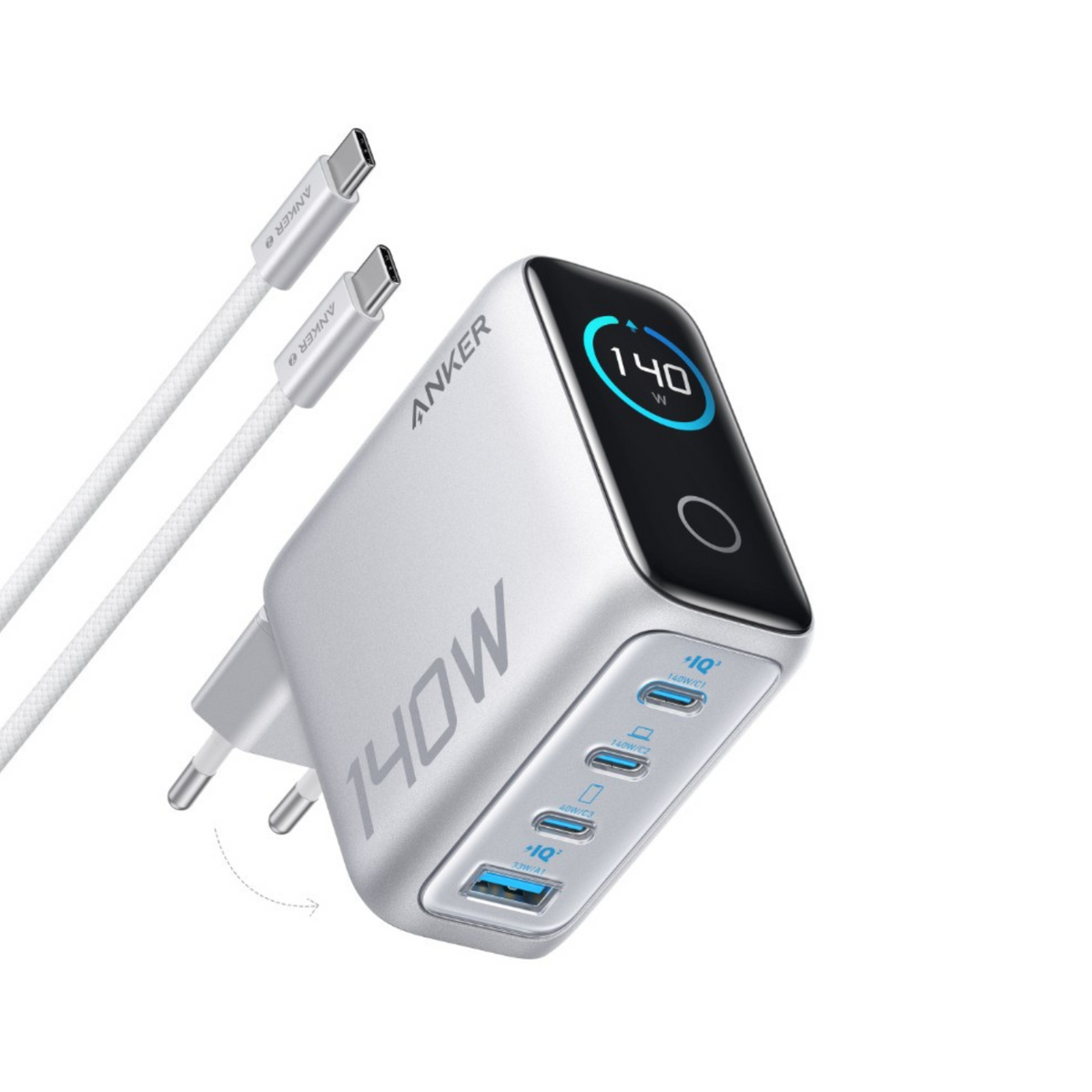Зарядно устройство за мрежа с кабел USB-C Anker Zolo, 140W, 5A, 1 x USB-A - 3 x USB-C, Сребристо B2697G41
