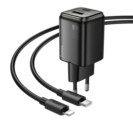Мрежово зарядно с Lightning кабел HOCO N52, 20W, 3A, 1 x USB-A - 1 x USB-C, Черно