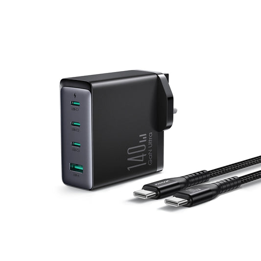 Мрежово зарядно с USB-C кабел Joyroom JR-TCG05UK, 140W, 5A, 1 x USB-A - 3 x USB-C, UK, Черно