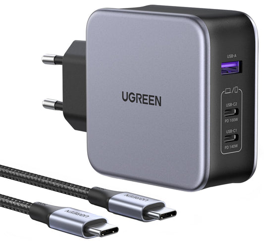 Мрежово зарядно с USB-C кабел UGREEN CD289, 140W, 5A, 1 x USB-A - 2 x USB-C, Сиво