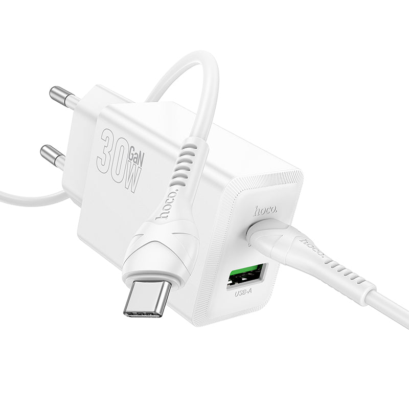 Зарядно за мрежа с кабел USB-C HOCO N71, 30W, 3A, 1 x USB-A - 1 x USB-C, Бяло