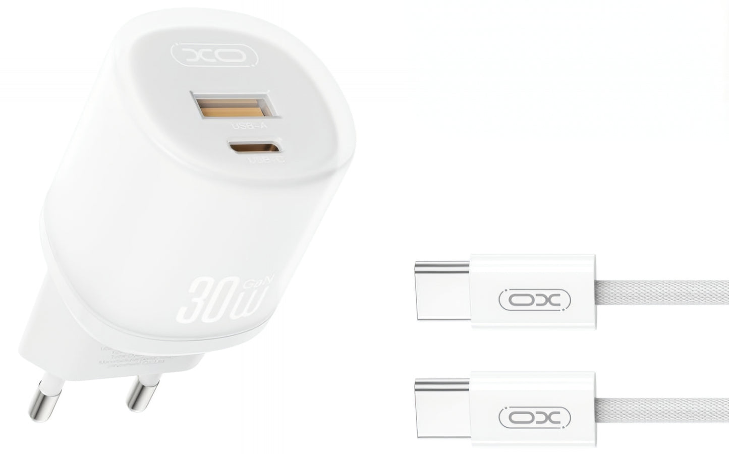 Зарядно за мрежа с кабел USB-C XO Design L151, 30W, 3A, 1 x USB-A - 1 x USB-C, Бяло
